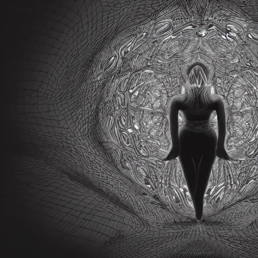 Prompt: digital art of a woman being swallowed by darkness, 3d render, intricate detail