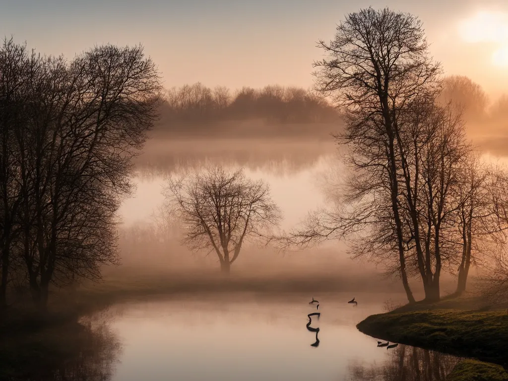 Image similar to A landscape photo taken by Kai Hornung of a river at dawn, misty, early morning sunlight, cold, chilly, two swans swim by, rural, English countryside