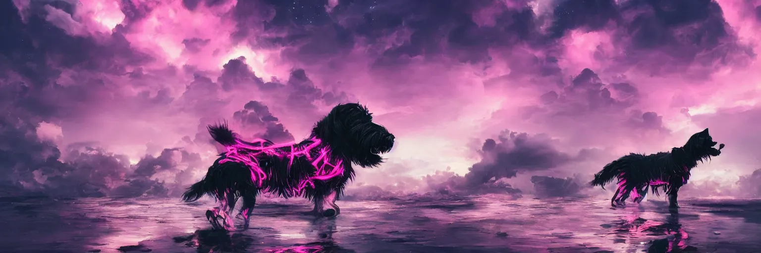 Image similar to hyperdetailed illustration, portrait big dark dog, mohawk, stars, pink, neon, oil painting, rich deep colors masterpiece, pirate neon ship, ultra detailed, contrast, heaven pink, clouds, volumetric light, atmospheric lighting, dramatic, cinematic, moody, octane render 4 k, 8 k