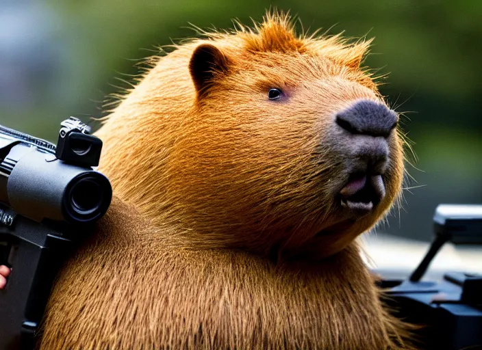 Prompt: capybara!!! gun gun mob boss holding a gun!!!! gun gun gun gun gun gun gun gun from the new pixar adventure film!!! capybara!!! with!! gun!!!, 8 k, f 1. 8, macro