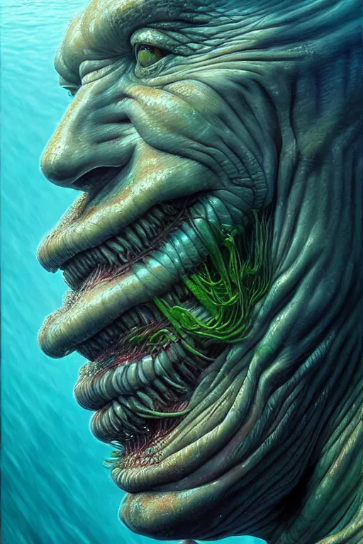Image similar to hyperrealistic close-up surrealism underwater monster! highly detailed concept art eric zener elson peter cinematic hard green lighting high angle hd 8k sharp shallow depth of field, inspired by David Paul Cronenberg and Zdzisław Beksiński