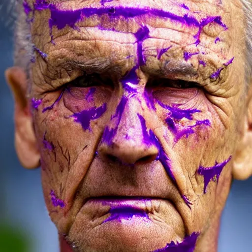 Image similar to real photograph of old face with purple scars, hd