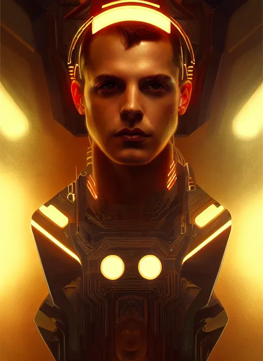 Image similar to symmetry!! portrait of a greek god, sci - fi -, cyberpunk, blade runner, glowing lights, tech, biotech, techwear!! intricate, elegant, highly detailed, digital painting, artstation, concept art, smooth, sharp focus, illustration, art by artgerm and greg rutkowski and alphonse mucha