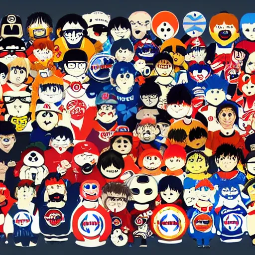Prompt: illustration of youppi in a gang with all nhl mascots by ilya kuvshinov katsuhiro otomo