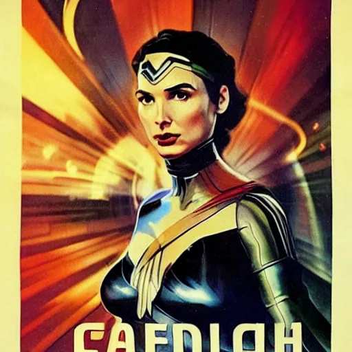 Image similar to retro scifi poster of gal gadot