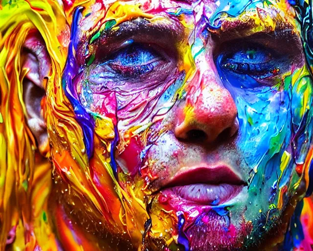 Image similar to still shot close up footage of the portrait of a human head made of acrylic pour and splashing paint and paint explosion and dripping paint and flying paint chunk, motion blur, hyperrealistic, medical, intricate art photography, anatomically correct, realistic crisp textures, 1 6 k