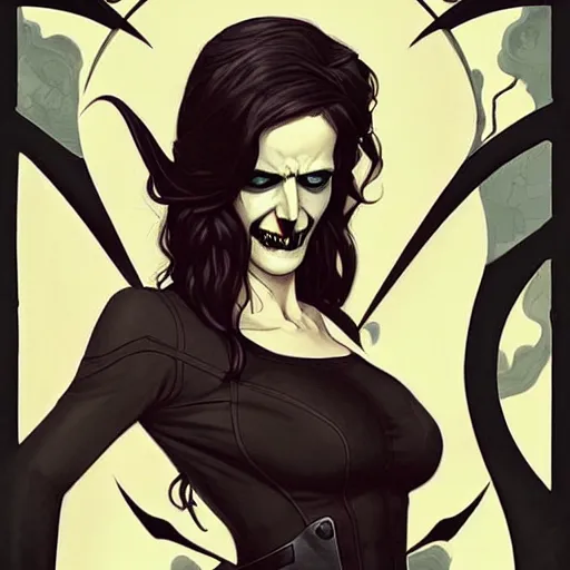 Prompt: Rafael Albuquerque comic art, art nouveau, Peter Mohrbacher, Joshua Middleton, pretty female Eva Green vampire, sharp vampire teeth, sarcastic smile, symmetrical eyes, symmetrical face, brown leather jacket, jeans, long black hair, full body:: building on fire:: hate and anger:: cool colors