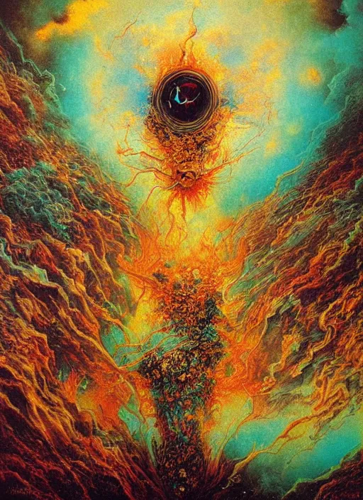 Image similar to exploding, cracking, colliding, smashing planets and moons engulfed in flames in the style of, pascal blanche, surreal, beksinski, damien hirst, high detailed