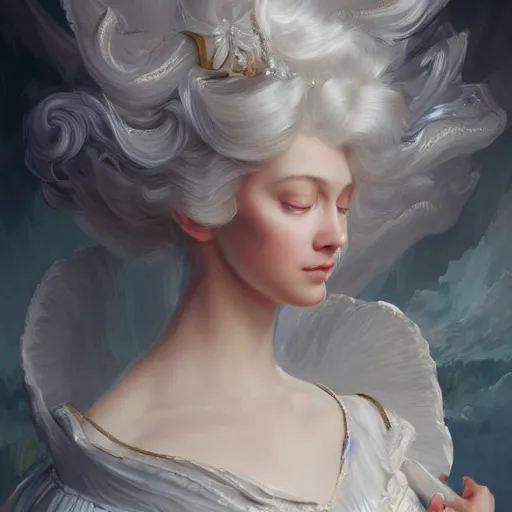 Image similar to A masterpiece portrait of a royal princess baroque rococo girl with tall white amazing victorian wig with angel wings. trending on artstation, digital art, by Stanley Artgerm Lau, WLOP, Rossdraws, James Jean, Andrei Riabovitchev, Marc Simonetti, Yoshitaka Amano