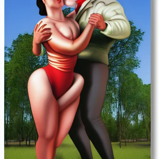 Prompt: a giantess man with a giant woman dancing together, enormous, big, by enoch bolles, 3 d render, trees, houses, street, hearts