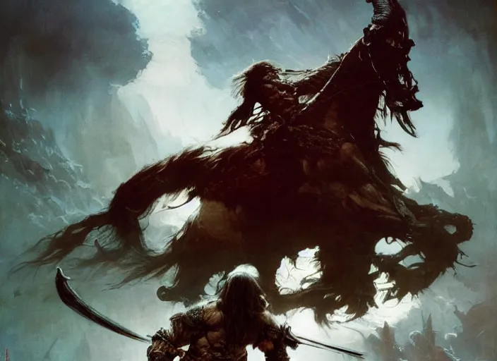 Image similar to conan the barbarian, intricate, elegant, highly detailed, vivid colors, john park, frazetta, sparth, ruan jia, jeffrey catherine jones