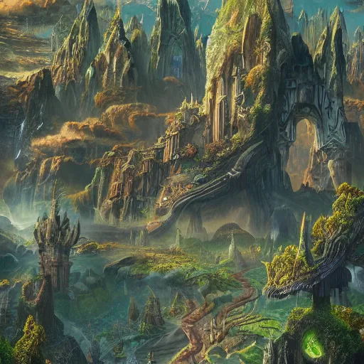 Prompt: fantasy landscape, an advanced city around the roots of a colossal tree, epic composition, intricate details, hyper detailed, 8 k, volumetric light, magical atmosphere