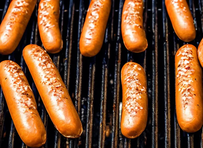 Image similar to dslr food photo closeup of hot dogs cooking on a grill, 8 k, 8 5 mm f 1. 8