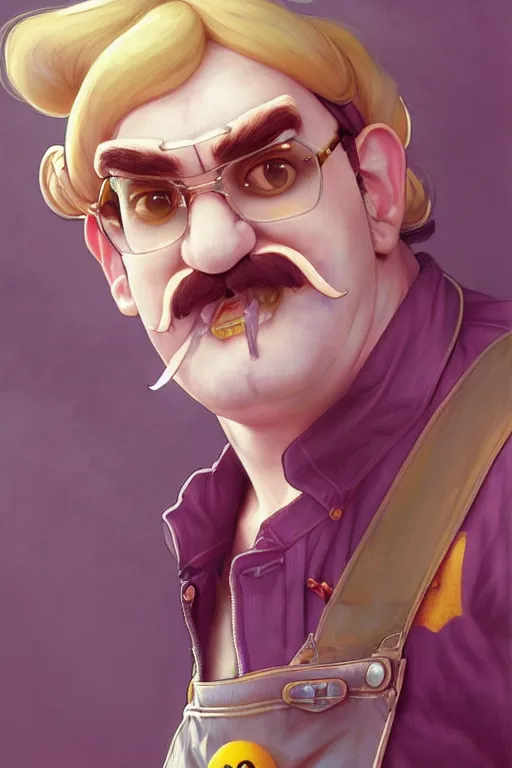 Image similar to portrait of Wario from WarioWare, dreamy and ethereal, overalls, chaotic, elegant, highly detailed, digital painting, artstation, concept art, smooth, sharp focus, illustration, art by artgerm and greg rutkowski and alphonse mucha