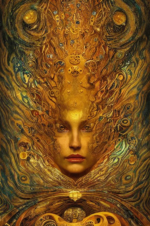 Image similar to The Helliquary by Karol Bak, Jean Deville, Gustav Klimt, and Vincent Van Gogh, lockbox, otherworldly, fractal structures, arcane, inferno, inscribed runes, reliquary, infernal relics, ornate gilded medieval icon, third eye, spirals