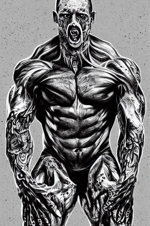 Image similar to black and white illustration, creative design, body horror, muscle monster