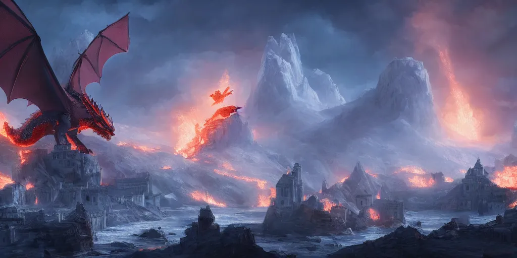 Image similar to kingslanding on fire, dragon in sky, game of thrones, a song of ice and fire, concept art, unreal engine 5, sharp focus, detailed matted painting, 4 k, epic lighting, artstation, by antoine di lorenzo.