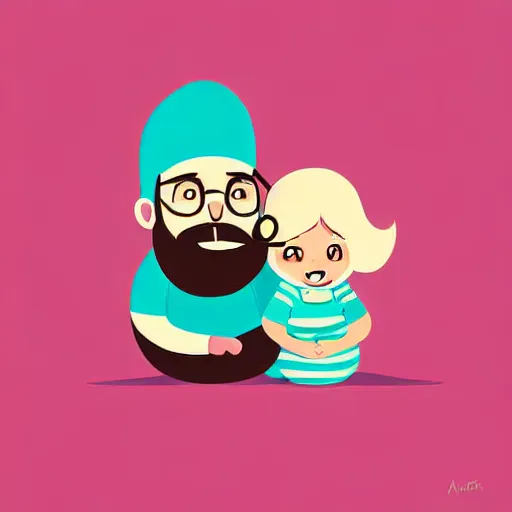 Image similar to curled perspective digital art of a cute cartoon character smiling beard grandpa with baby girl photo camera by anton fadeev