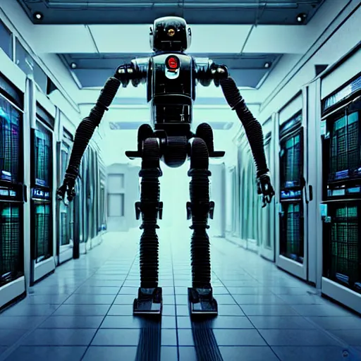 Image similar to hyperrealism detailed photography scene from stanley kubrick movie of highly detailed stylish cyberpunk droid from 2 0 7 7's as cyberpunk droid in josan gonzalez, gragory crewdson and katsuhiro otomo, mike winkelmann style with many details, working at the detailed data center by laurie greasley hyperrealism photo on sony camera volumetric epic light rendered in blender