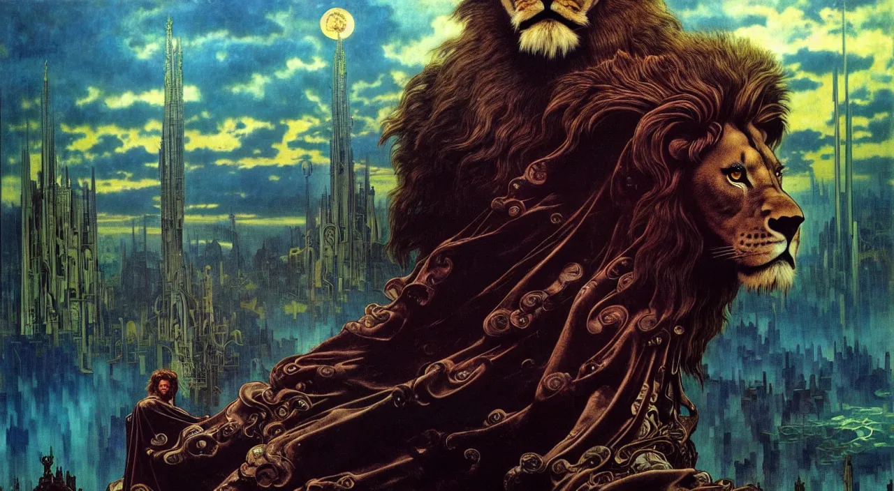 Image similar to realistic detailed portrait movie shot of a lionman wearing dark robes, sci fi city landscape background by denis villeneuve, amano, yves tanguy, alphonse mucha, ernst haeckel, max ernst, roger dean, masterpiece, rich moody colours, blue eyes, occult