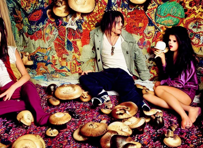 Prompt: Selena Gomez and Young Johnny Depp eating mushrooms and tripping in a shag carpet house, photograph by Annie Leibovitz and Mark Seliger