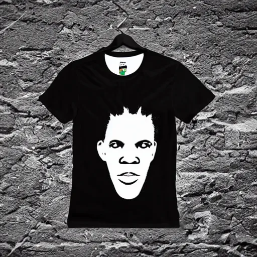 Prompt: t - shirt mockup, 3 d, hyper - realistic, basquiat style print, black boy white hair, rio de janeiro favela