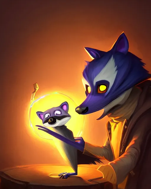 Prompt: 3 d model, highly detailed digital illustration portrait of hooded sorcerer sly cooper raccoon casting a magical glowing spell in a castle, action pose, d & d, magic the gathering, by rhads, lois van baarle, jean - baptiste monge,