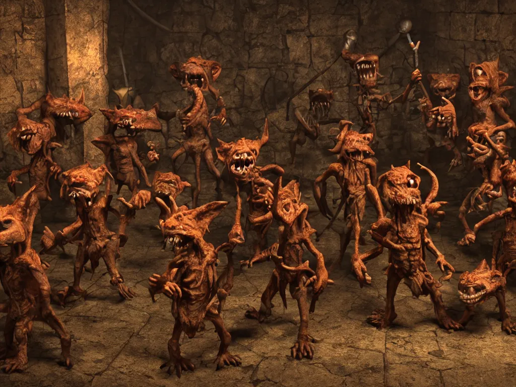 Prompt: A group of Kobolds in a dungeon. Horror, creepy, unsettling, dark, mysterious, strange, photo realistic, stunning atmosphere, cinematic lighting, cinematic Rendering, 4K, rendered in octane.