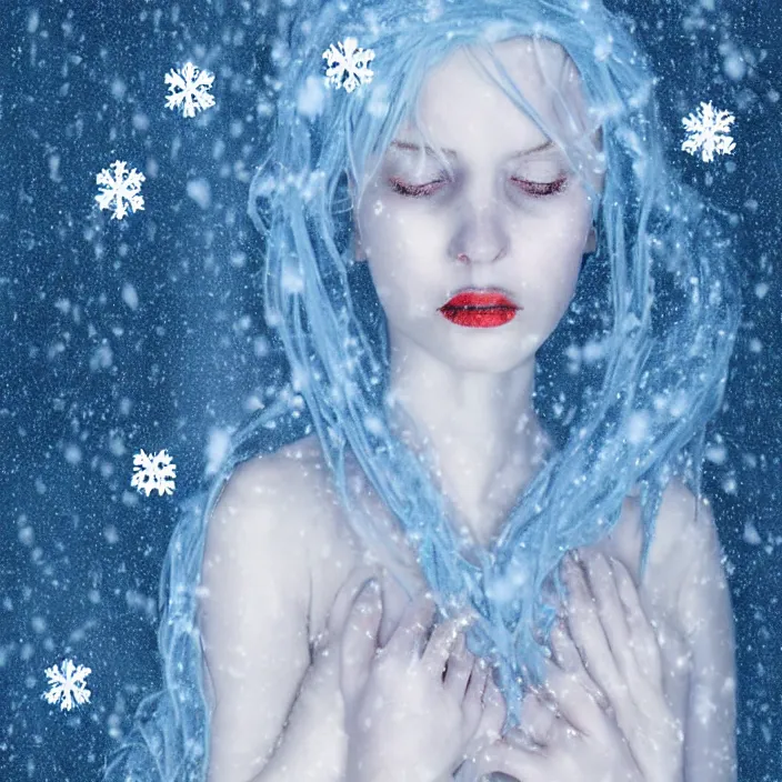 Image similar to full body portrait of a sickly looking woman dying of hypothermia, with very white skin and pale blue hair wearing a long white dress made out of snowflakes in the middle of a heavy snowstorm. blue lips. digital art by maromi sagi