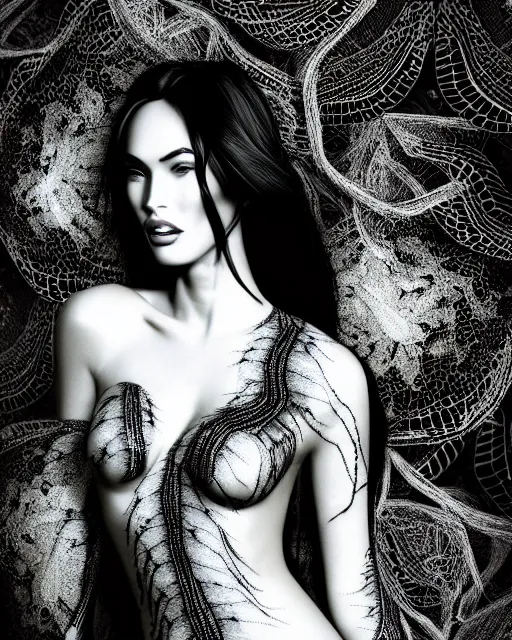 Image similar to surreal mythical dreamy artistic black and white fine art photo of megan fox - medus - cyborg covered with lace fish scales and translucent algae, highly detailed, intricate crystal ivy lace jelly fish scales ornate, poetic, octane render, 8 k, photo - realistic