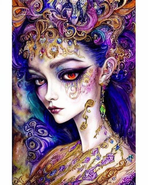 Prompt: josephine wall water colored pencils baroque bedazzled gothic royalty frames surrounding a pixelsort highly detailed portrait of a detailed pencil portrait with watercolor of a beautiful monster high doll, by sabrina eras, alice x. zhang, agnes cecile, blanca alvarez