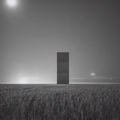 Prompt: a field during nighttime with a concrete monolith in the distance, liminal, 4 k