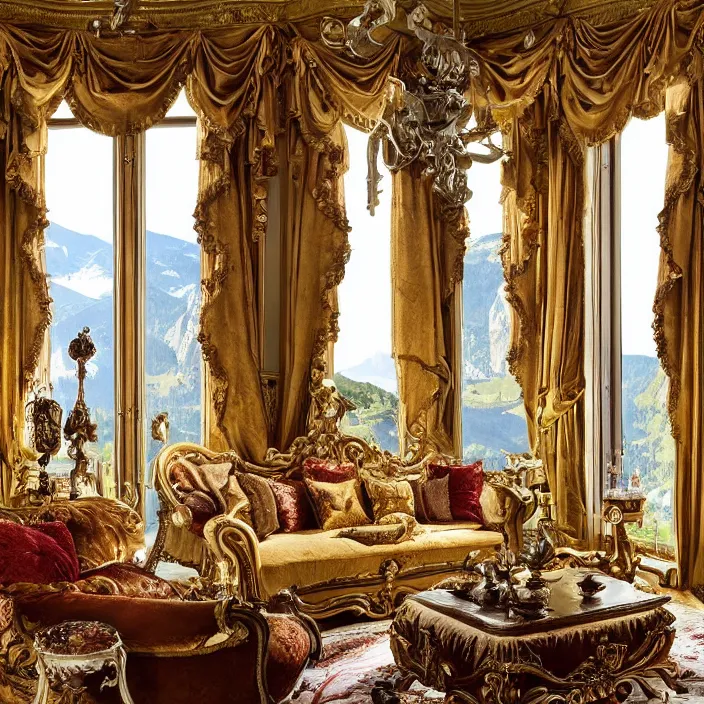 Image similar to photo of a fantastical baroque living room with switzerland landscape in the window in the style of maximalism