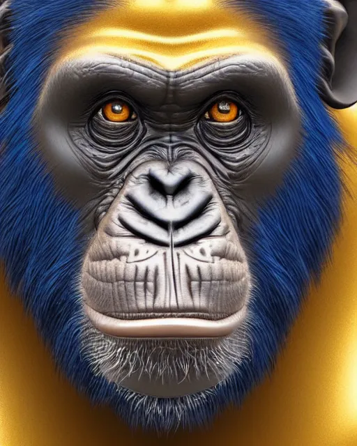 Image similar to gold, blue, very detailed illustration of a chimpanzee, 3 d, 8 k, extremely detailed, artstation