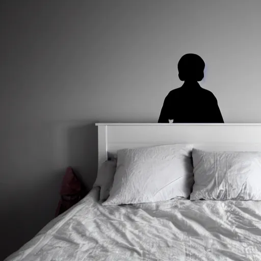 Image similar to silhouette of person at the edge of bed, children's room, eerie