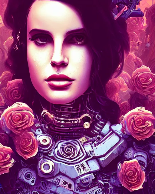 Image similar to portrait of lana del rey as a cyberpunk cyborg. roses, sci - fi, intricate abstract, upper body, intricate artwork, by tooth wu, wlop, beeple, dan mumford. concept art, 8 k octane render, deviantart, greg rutkowski, cinematic, key art, hyperrealism, iridescent accents