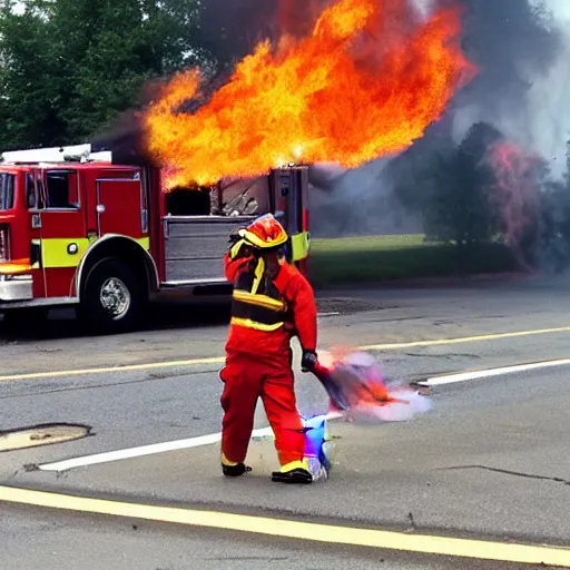 Prompt: a clown wearing firefighter clothes, using a flamethrower on a dumpster fire