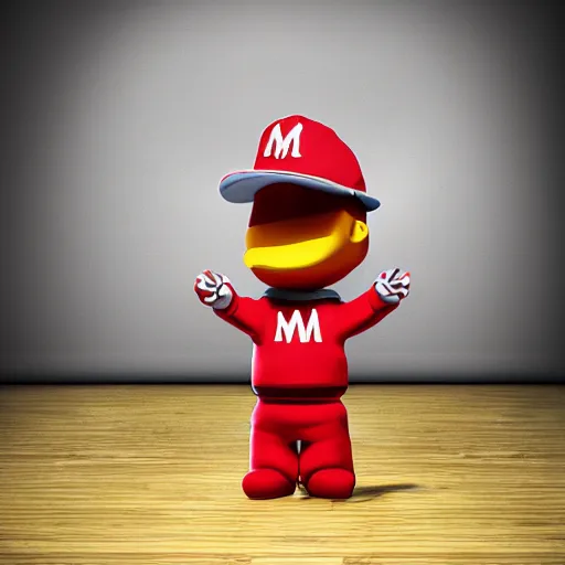 Image similar to eminem as the red m character standing on a floor coverd with m & m candies, m & m candy dispenser!!!, round red m & m figure, m & m mascot, m & m figure, m & m plush, unreal engine, studio lighting, figurine, unreal engine, volumetric lighting, artstation, cosplay, by hans bellmer