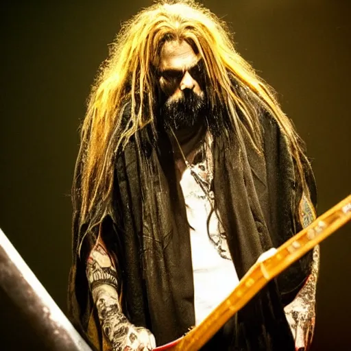 Prompt: rob zombie wearing a dark hooded cloak