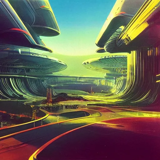 Image similar to beautiful matte painting album cover art of green gardens with roads on a futuristic sci-fi space station, cinematic angle, cinematic lighting, blue sky, by Syd Mead, John Harris, Federico Pelat