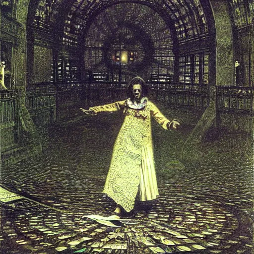 Image similar to A kinetic sculpture. A rip in spacetime. Did this device in her hand open a portal to another dimension or reality?! Hadean by John Atkinson Grimshaw riotous