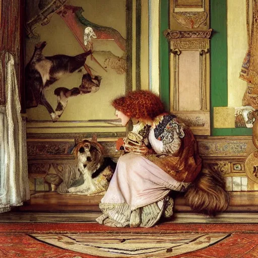 Prompt: a renaissance oil painting by Alma Tadema of a dog inside an intricately decorated living room, pastel color scheme, digital painting, high detail