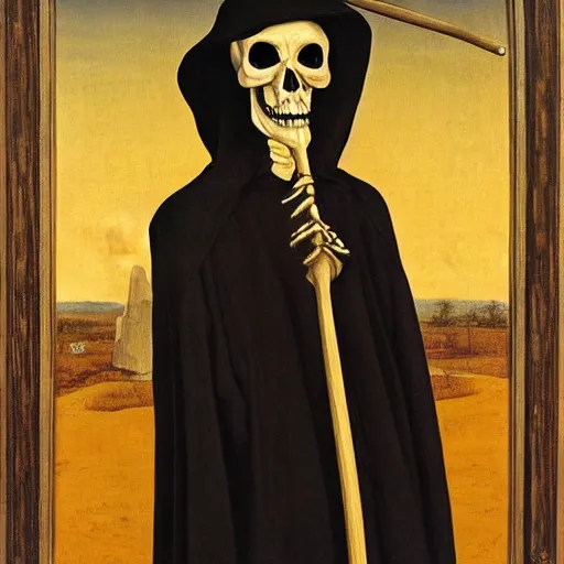 Prompt: portrait of a veiled skeleton grim reaper holding a scythe at dusk, by Jan van Eyck