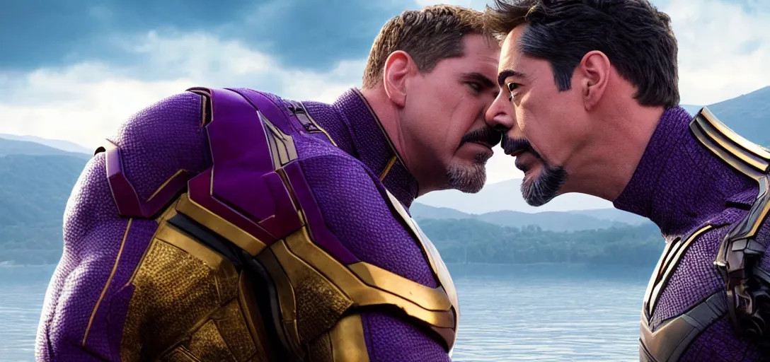 Image similar to a very high resolution image from a new movie. thanos kissing tony stark on a lake, photorealistic, photography, directed by wes anderson