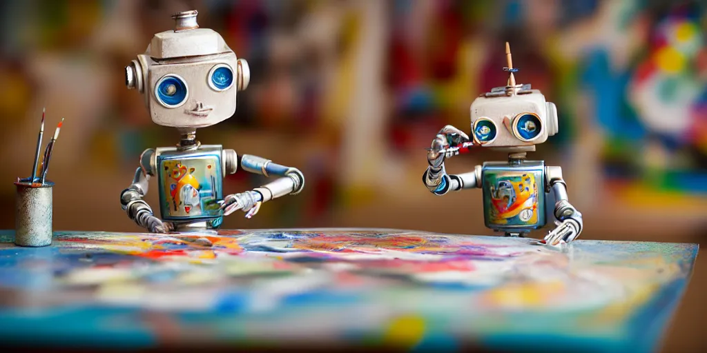 Image similar to closeup portrait of tin toy retro robot painter mixing gouache on white paper table in an artist workshop, depth of field, zeiss lens, detailed, centered, fashion photoshoot, by nicoletta ceccoli, mark ryden, lostfish, breathtaking, 8 k resolution, extremely detailed, beautiful, establishing shot, artistic, hyperrealistic, octane render