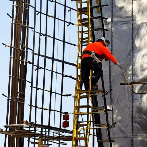 Image similar to man bear rigging a stage on a scaffold