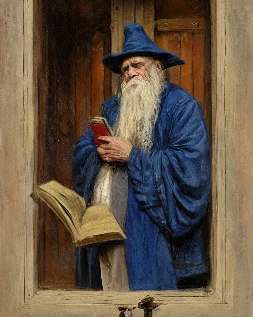 Image similar to Solomon Joseph Solomon and Richard Schmid and Jeremy Lipking victorian genre painting portrait painting of a old rugged actor wizard wearing a wizard hat and robe from the hobbit holding a book and standing in front of an ancient wooden door