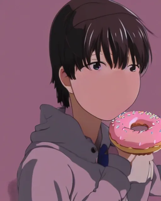 Image similar to a pig eating a pink frosted donut, full shot, visible face, ambient lighting, detailed, very modern anime style, art by hayao miyazaki, makoto shinkai