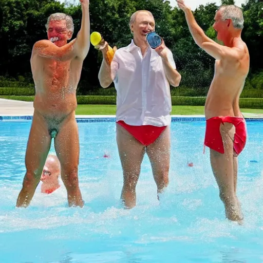 Image similar to putin, trump, obama and bush are swimming while having a water fight while smiling and having a great time