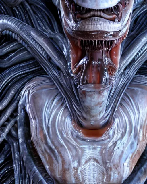 Prompt: film still of kim kardashian being licked by an xenomorph slathered in a transparent alien liquid, wet flowing hair, gooey skin, illustration, unreal engine 5, 8 k, directed by h. r. giger.